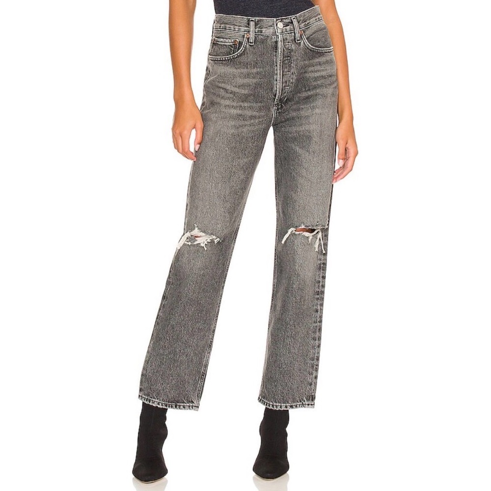AGOLDE 90's Mid Rise Loose Fit Jean Outline Grey Wash Distressed Size 24